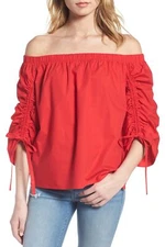 Soprano 156486 Women's Ruched Sleeve Off the Shoulder Blouse Red Sz. Medium
