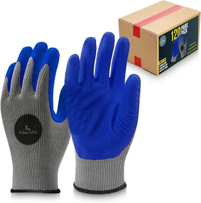 120 Pairs, Blue Latex Coated, Work Gloves, Textured Grip Gloves