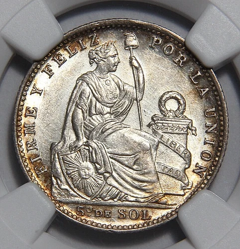 1917 Peru Fifth 1/5 Sol Scarce 20k Mint NGC AU58 Flashy!