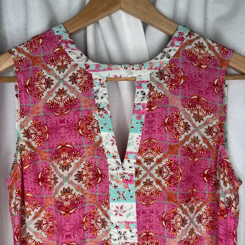 Kachel Pink Floral Print Silk Shift Dress 8 Keyhole Sleeveless Boho Bohemian - Picture 6 of 16