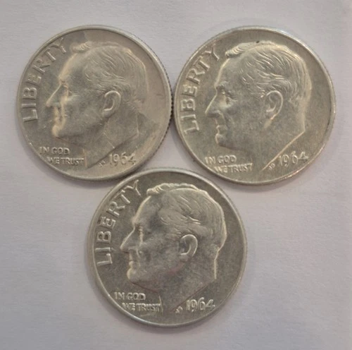Lot of 3 ~ 1964 D 90% Silver ~ Good Condition Roosevelt Dimes. FREE SHIPPING!!
