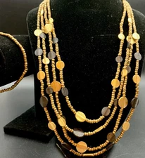 Multi Strand Disc Beads Statement Necklace & Bracelet Set Gold Tone Black Avenue