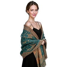 Paisley Pashmina Shawl Wraps for Women Evening Dresses Elegant 09 Teal/Gold