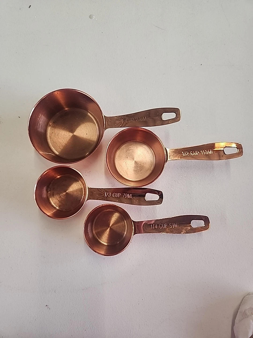 Vintage Set of 4 Copper Measuring Cups Brass Handles Nested Hanging Decor Gift