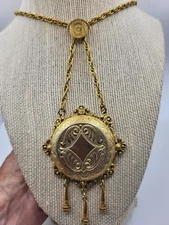 FLORENZA Medallion Locket Victorian Revival Bold Ornate Goldtone Dangle Necklace