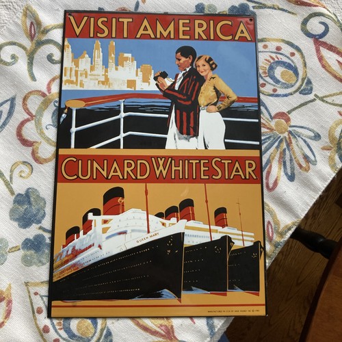 Ande Rooney Vintage Porcelain Enamel Sign Cunard White Star Visit America 1986.
