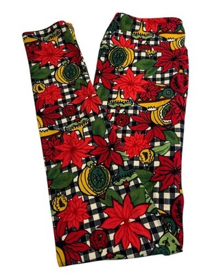 LuLaRoe Leggings OS One Size HTF Christmas PLAID Buffalo Check POINSETTIA Flower