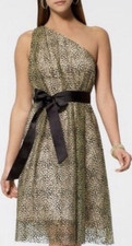 Badgley Mischka for Caché One Shoulder Polka Dot Sheath Dress Beaded Bow Size 10