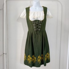 VTG German Bavarian Oktoberfest Green Floral Embroidered Dirndl Dress Top Set S