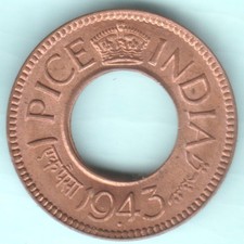 British India 1943 King George Vi One Pice Hole UNC Coin