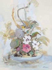 Leonardo Stroppa ( Crescentino VC 1900- Cagliari 1991).Fiori in vaso. Acquerello