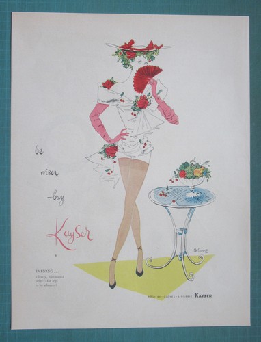 1951 Kayser print ad Entertainer rose-tinted beige hosiery Saul Bolasni art