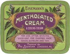 1920's Mentholated Cream Label. Phil Eisemann, Lancaster, PA. 2  x 2 1/2 inches