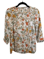 DR2 Floral Blouse Round Neck 3/4 Sleeves Women's Size XS