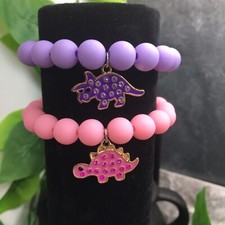 2 PC Child's Handmade Beaded Stackable Dinosaur Stretch Bracelet New 9424