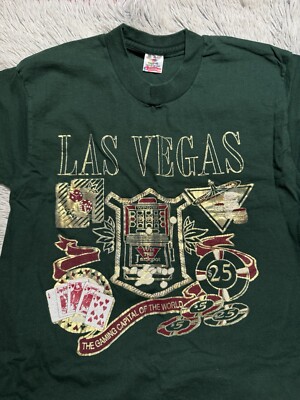 Vintage 90s Las Vegas Gold Raised Print T Shirt Size M Made In USA Dark  Green
