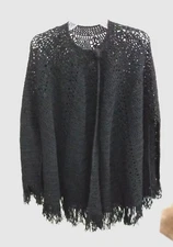 Crocheted Black Shawl Poncho 29" Neck to Bottom Plus 4" Fringe Handmade