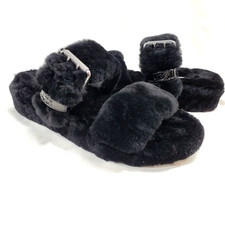 UGG Fuzz Yeah Sheepskin Sandals NEW Sz 7 Black Buckle Slides 1104662