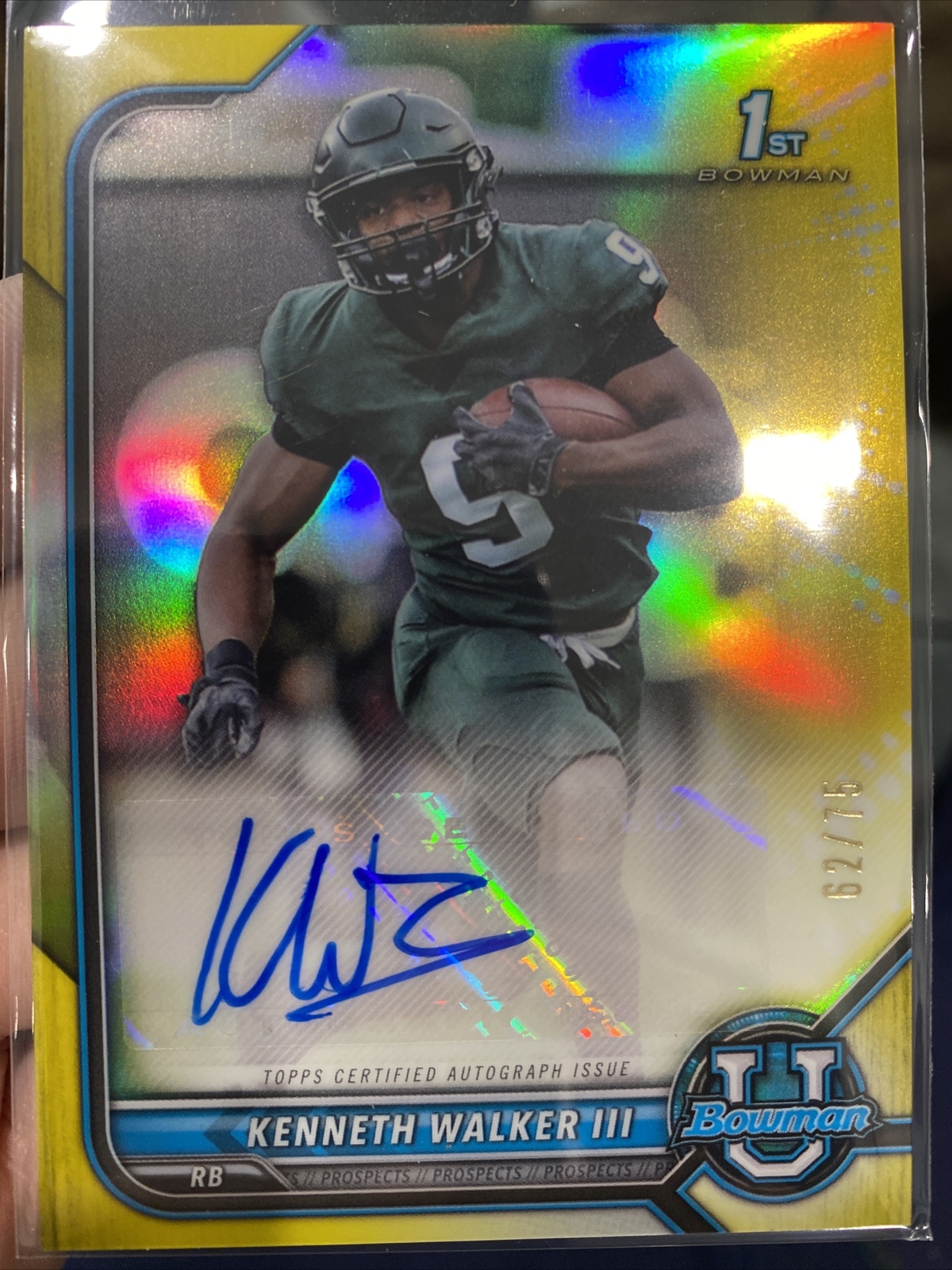 2021-22 Bowman Chrome U KENNETH WALKER III 1st YELLOW Refractor Auto SSP /75 MSU