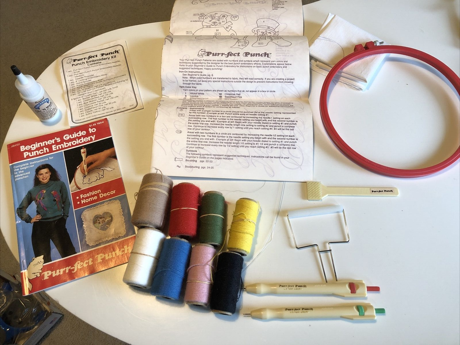 Vintage Lot of Purr-fect Punch Needles, Patterns, Yarn, Hoop,Brush,Threaders G1