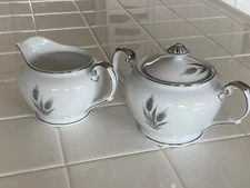 Silver Wheat Porcelain Sugar Bowl & Creamer w/ Silver Trim, Made in Japan