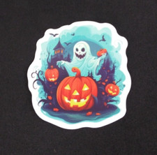 Spooky Ghost Haunted House  Jack O' Lanterns Halloween Sticker 2" AR 