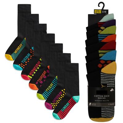 Mens 7 Pack Ex Store Cotton Rich Weekday Colour Heel & Toe Black Socks 9-11 