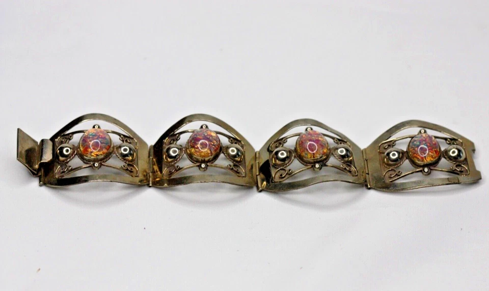 Sterling Silver .925 Taxco Mexico TNC Wide Panel Link Bracelet Foiled Glass Opal - Image 2 of 4