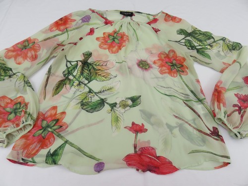 WAREHOUSE SILK PISTACHIO GREEN & CORAL FLOWERS SILK CHIFFON SUMMER TOP UK 10 12 - Bild 8 von 15