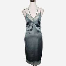 H M Sz 6 Satin Lace Trim Strappy Lingerie Midi Slip Dress Green Sleepwear NEW