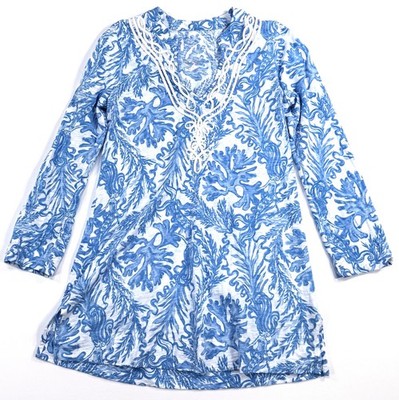 Lilly Pulitzer Kaia Knit Tunic Top XS Resort Wear White Blue Coral Print