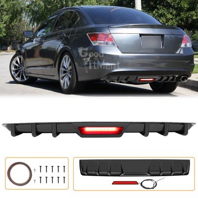 For Honda Accord Glossy Rear Bumper Diffuser Spoiler Lip Fins w/ LED Break Light