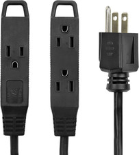 10 Ft Heavy Duty Extension Cord, 3 Prong Grounded, 3 Outlets, Black