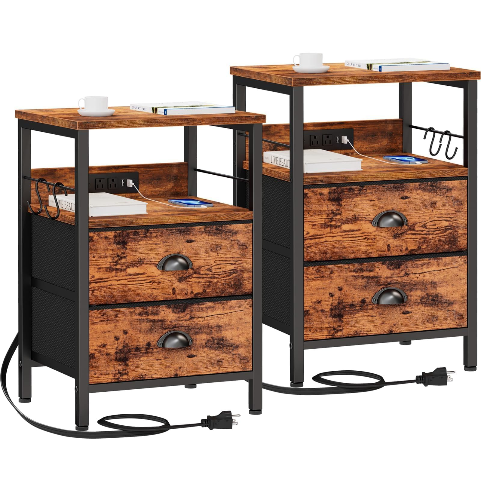 Rustic Brown Nightstand Set of 2 with Charging Station & USB Ports-image