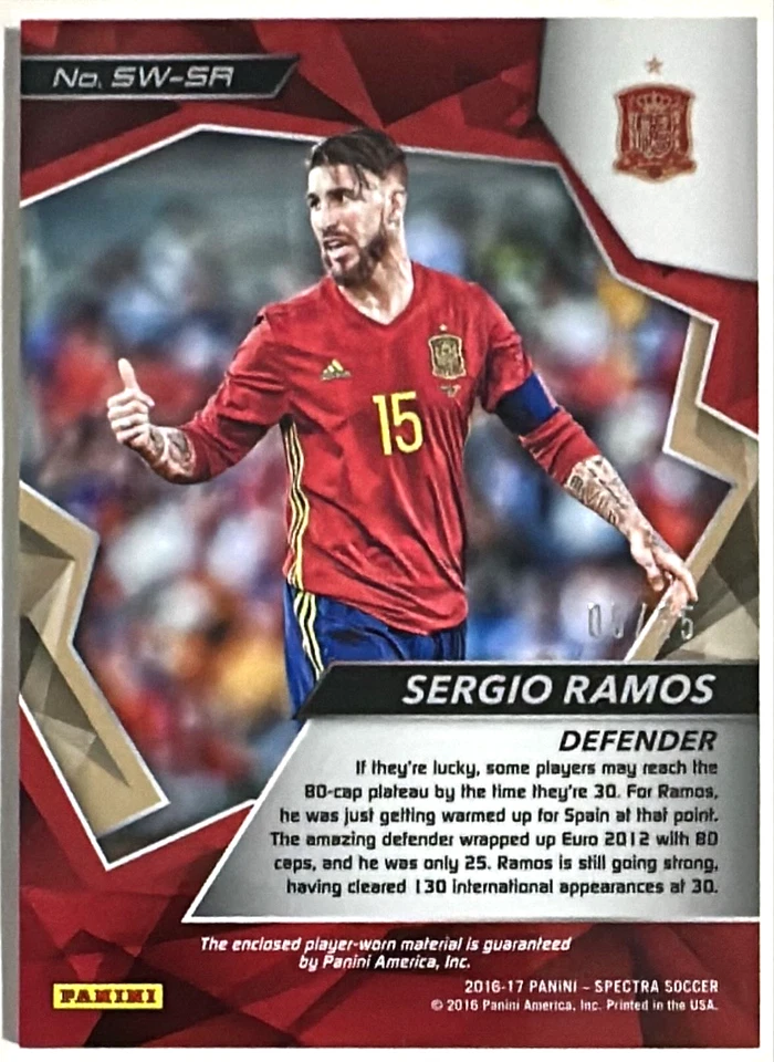Parche usado Panini Spectra Sergio Ramos 2016-17 5/25 rosa Prizm España jugador Foto 3 de 4