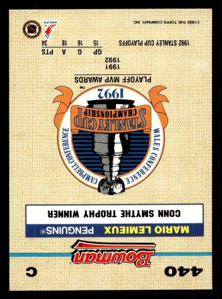 1992-93 Bowman #440 Mario Lemieux - Image 2 of 2