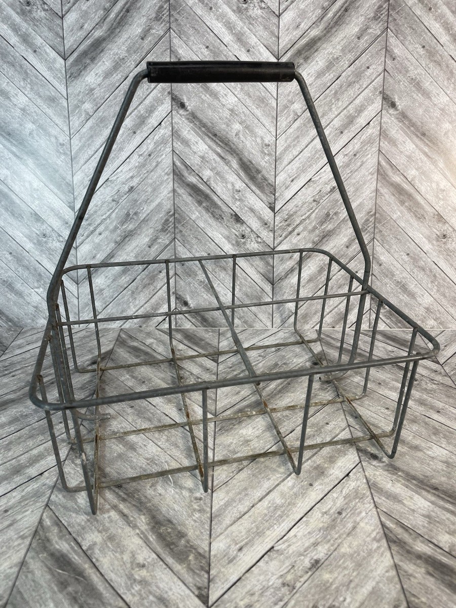 Vintage Metal Wire Milk Carrier Crate Basket w/ Handle 4 Sections