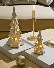 Nostalgic 2 Pc White Ceramic Christmas Trees - Light-Up Porcelain Tabletop Decor