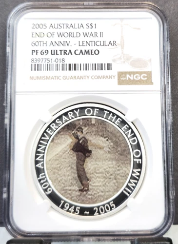 2005 AUSTRALIA SILVER 1 DOLLAR END OF WWII LENTICULAR NGC PF 69 ULTRA CAMEO RARE