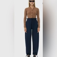 Ganni Drawstring Navy Paper bag Pants Size 42  Large Viscose Blend NWT Classic 