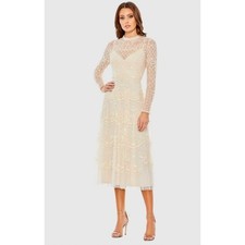 Mac Duggal Sequined Illusion High Neck Long Sleeve Midi Dress Nude 20