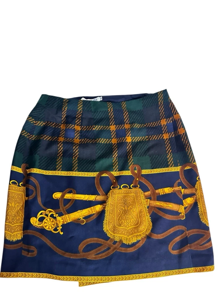 Falda de Colección Envoltura de Lana a Cuadros Estampado Ecuestre Bridas Correas Dorado Azul Marino Verde 8 Foto 4 de 4