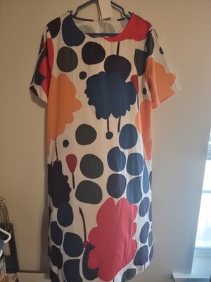 Marimekko-style Scandinavian NWT Midi Shift Dress XL Short Sleeve Bold Tunic