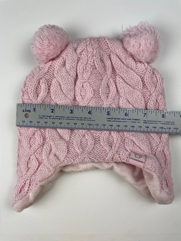 Koala Kids Winter Hat Size 18-24 Months Pink Pom Ball Knit Fleece Sparkles Flaps - Image 2 of 4