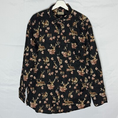Rugged Earth Outfitters Shirt Mens XL Deer Woods Print Long Sleeve Hunting Black
