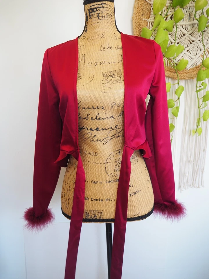 Burgundy Satin Shrug Feather Trim Tie Front Special Occasion Blouse Sz XS NWT - Image 3 of 4