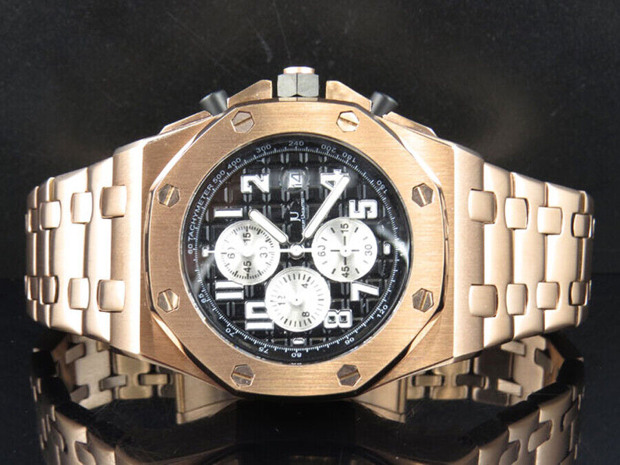 Men's Solid Rose Gold Finish Steel Black Dial Chronograph Watch