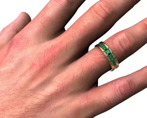 3Ct Princess Cut Lab-Created Emerald Men's Wedding Ring 14K Yellow Gold Plated - Picture 4 of 6