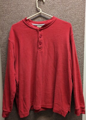 LL Bean Men' Mini Waffle Knit Henley Shirt Large Red Long Sleeve