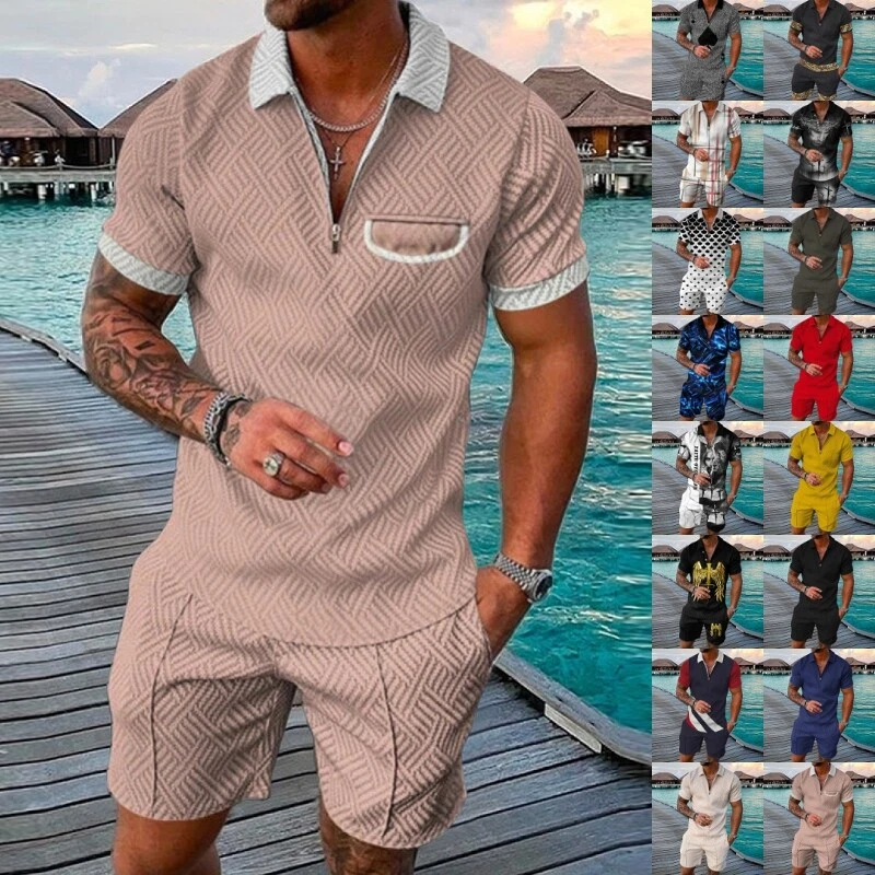 2PC Tracksuit Set Mens Zipper Polo Shirt Shorts Holiday Beach Outfit Loungewear